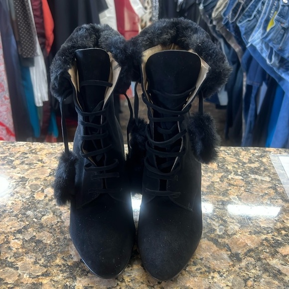 St. John Shoes - Vintage St. John Black Suede Lace-Up Booties | Faux Fur Trim | Made in Italy |